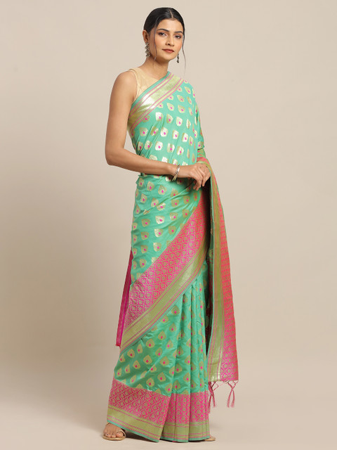 

Mitera Green & Pink Silk Blend Woven Design Banarasi Saree
