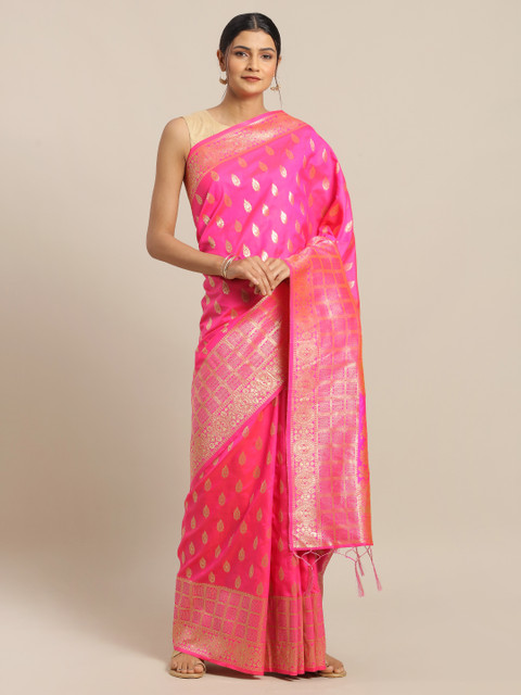 

Mitera Pink & Golden Silk Blend Woven Design Banarasi Saree