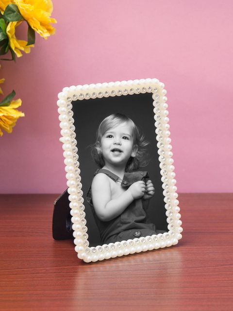 

Golden Peacock White Textured Pearls-Studded Acrylic Table-Top Photo Frame
