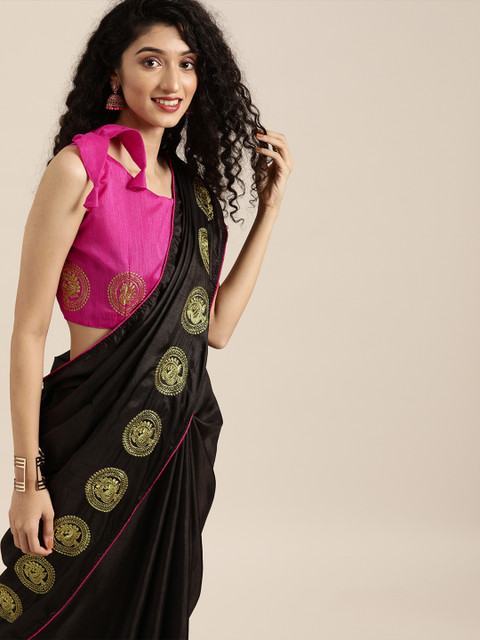 

SHAVYA Black Solid Silk Cotton Saree With Embroidered Border