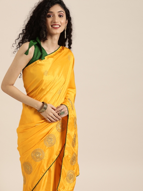 

SHAVYA Mustard Yellow Solid Silk Cotton Saree With Embroidered Border