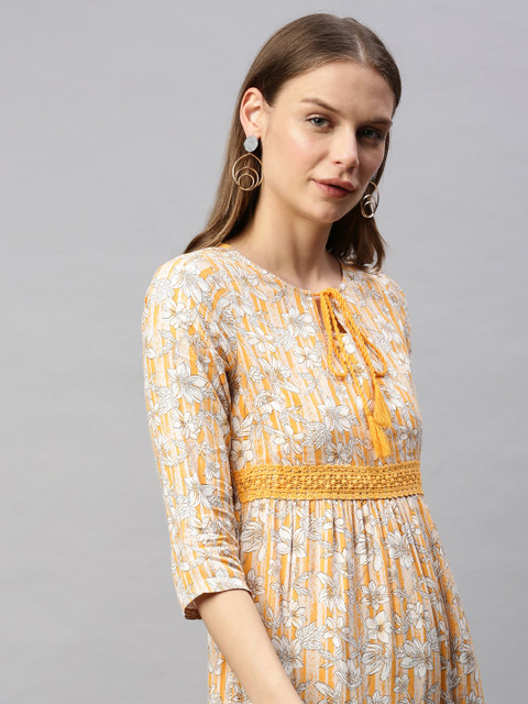

HERE&NOW Women Yellow & White Floral Printed Tiered Empire Dress With Lace Detailing
