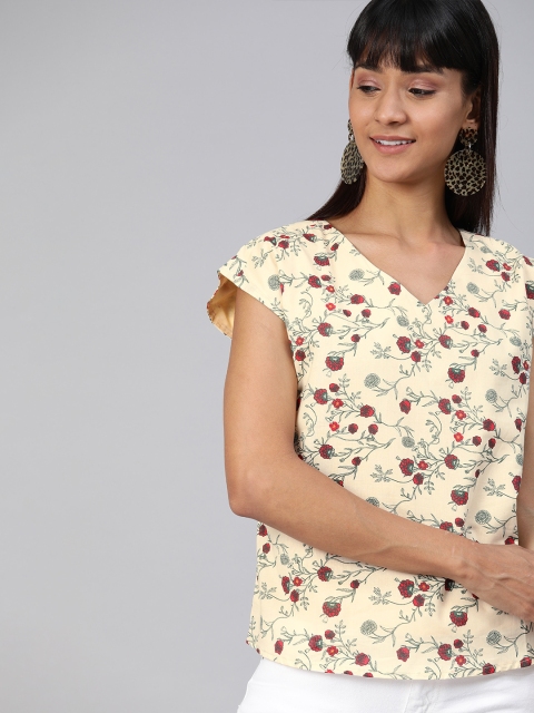

HERE&NOW Women Beige & Red Floral Printed Regular Pure Cotton Top