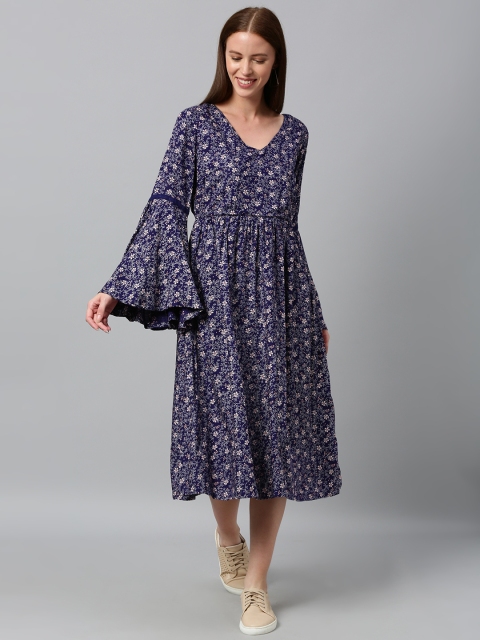 

HERE&NOW Women Navy Blue & White Floral Printed Gathered Bell Sleeve A-Line Dress