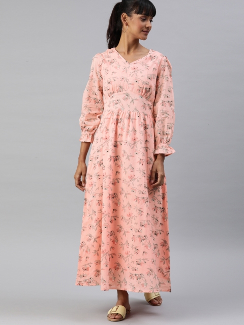 

HERE&NOW Women Peach-Coloured & Grey Floral Printed Fit and Flare Dress