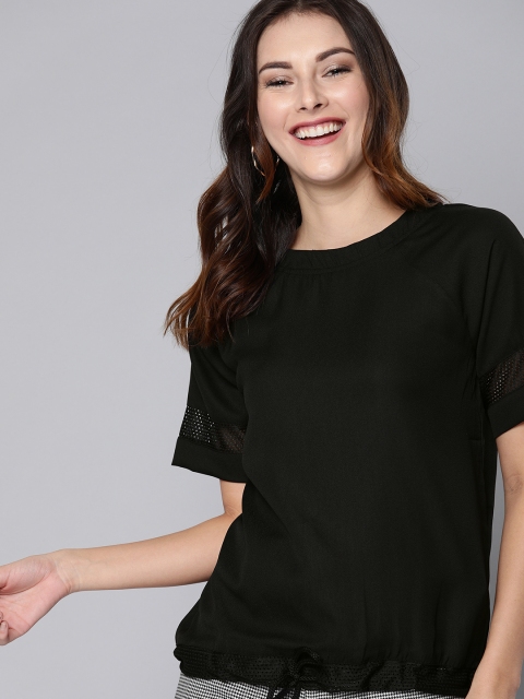 

HERE&NOW Women Black Solid Semi Sheer Blouson Top with Waist Tie-Ups