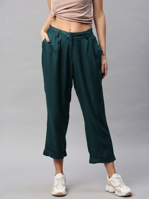 

HERE&NOW Women Teal Green Regular Fit Solid Cropped Regular Trousers