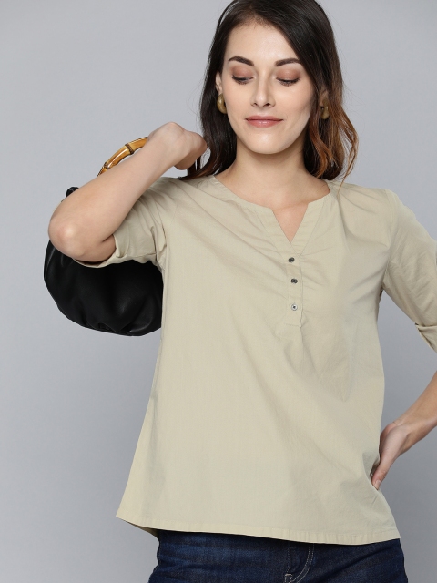 

HERE&NOW Women Beige Solid Pure Cotton Top With Roll-Up Sleeves