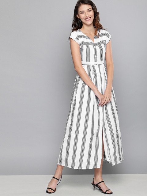 

HERE&NOW Women White & Black Striped Fit and Flare Dress