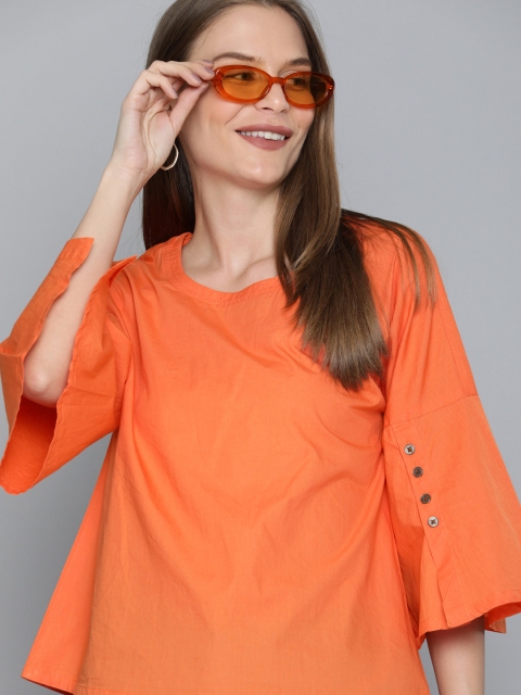 

HERE&NOW Women Orange Solid Pure Cotton Top