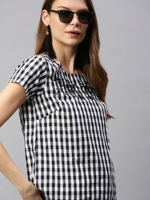 

HERE&NOW Women Black & White Checked Pure Cotton Top With Embroidered Detailing