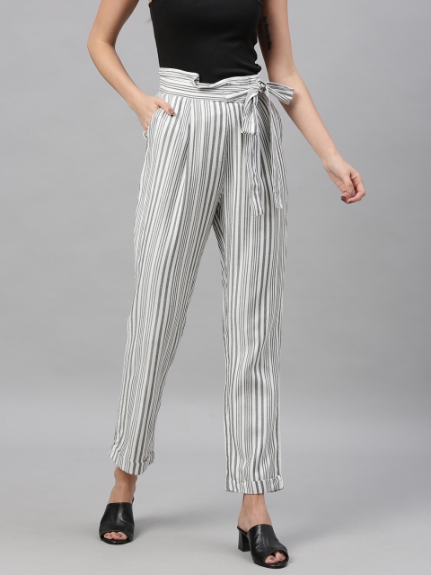 

HERE&NOW Women White & Black Regular Fit Striped Regular Trousers