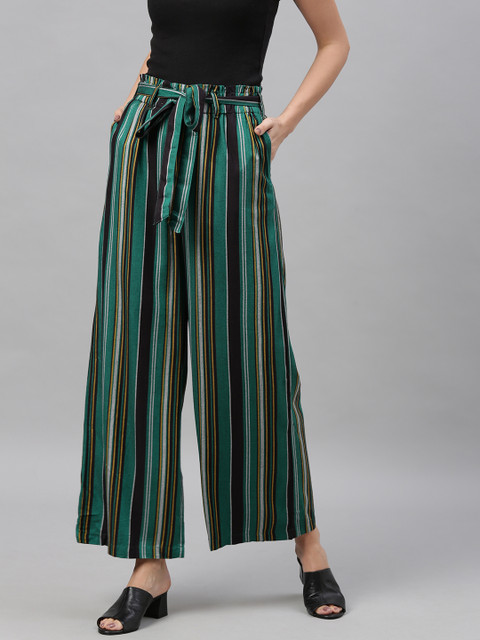 

HERE&NOW Women Green & Black Regular Fit Striped Parallel Trousers