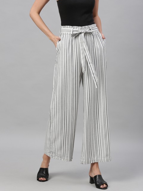 

HERE&NOW Women White & Black Regular Fit Striped Parallel Trousers