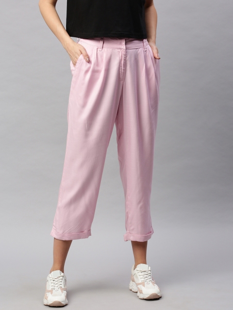 

HERE&NOW Women Pink Tapered Fit Solid Cropped Regular Trousers