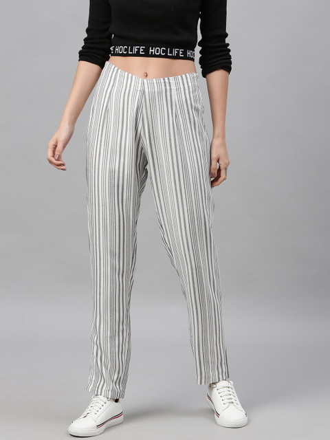 

HERE&NOW Women White & Black Regular Fit Striped Regular Trousers