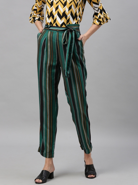 

HERE&NOW Women Green & Black Regular Fit Striped Regular Trousers