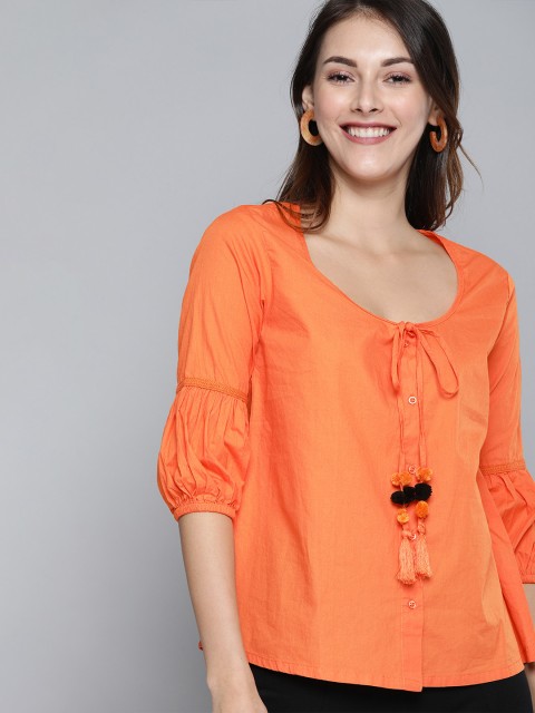 

HERE&NOW Women Orange Solid Shirt Style Pure Cotton Top With Tie-Ups