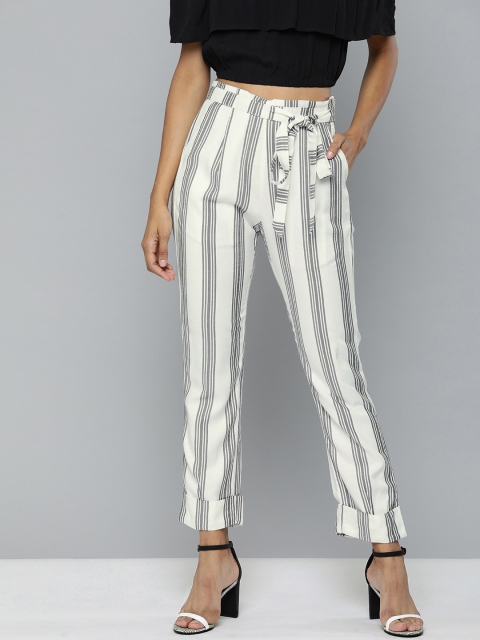 

HERE&NOW Women White & Black Regular Fit Striped Regular Cropped Trousers