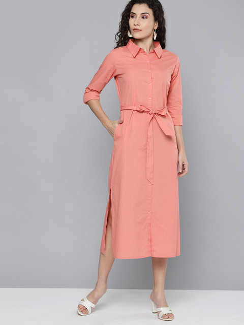 

HERE&NOW Women Peach-Coloured Solid Shirt Dress