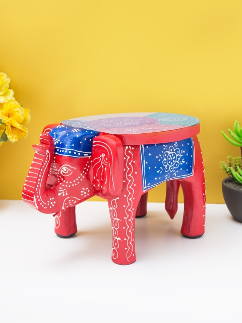 

Golden Peacock Red & Blue Handcrafted Mango Wood Elephant Stool Showpiece