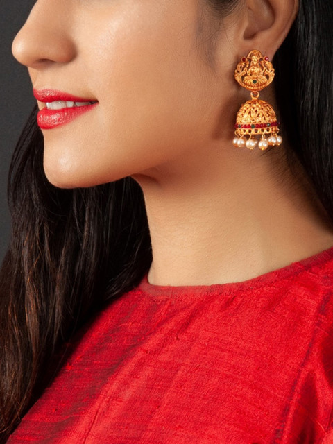 

Rubans Gold-Plated Handcrafted Faux Ruby And Emerald Studded Classic Jhumkas