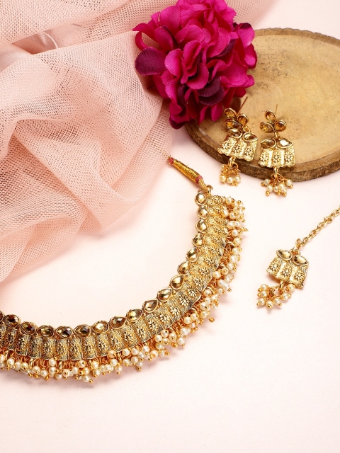 

Rubans Gold-Plated & White Pearl Embellished Handcrafted Traditional Jewellery Set