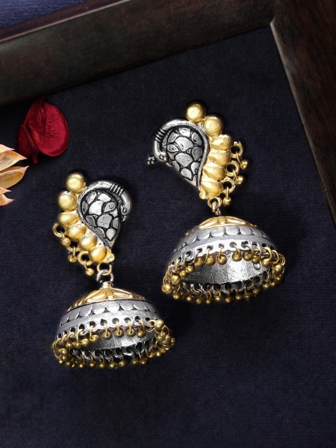 

Rubans Oxidised Gold-Toned Silver-Plated Handcrafted Dome Shaped Jhumkas