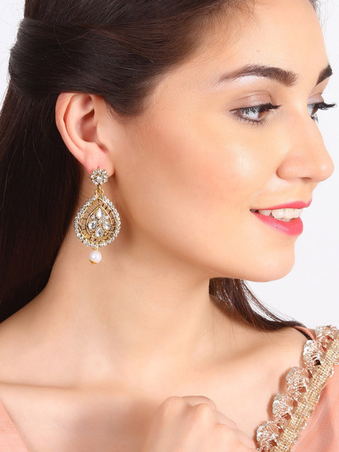 

Rubans Gold-Plated & White Handcrafted Kundan Teardrop Shaped Drop Earrings