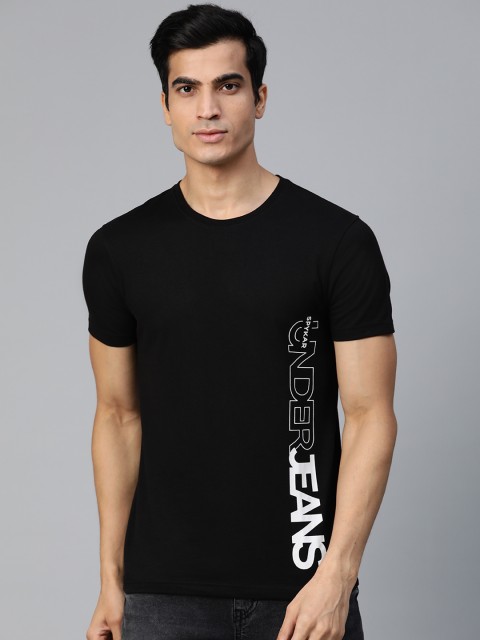 

UnderJeans by Spykar Men Black & White Placement Print Round Neck T-shirt