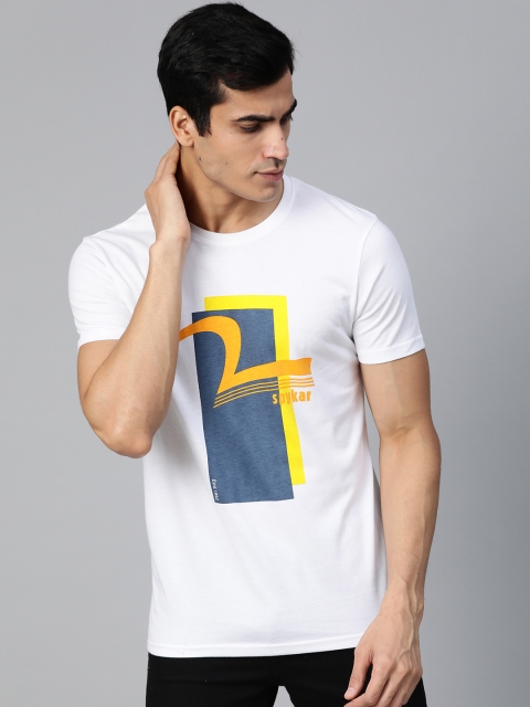 

SPYKAR Men White & Navy Blue Printed Round Neck T-shirt