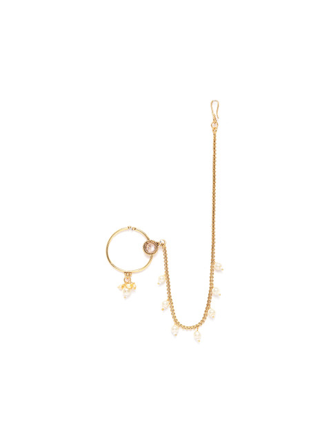 

JEWELS GEHNA Gold-Plated & Off-White CZ Studded & Beaded Nose Ring with Chain
