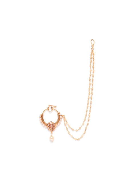 

JEWELS GEHNA Off-White Gold-Plated CZ-Studded & Beaded Chained Nose Ring