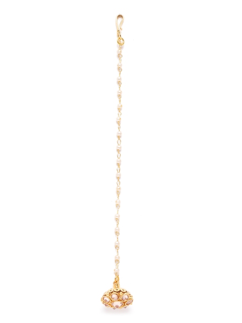 

JEWELS GEHNA Off-White Gold-Plated Stone Studded & Beaded Borla Maang Tika