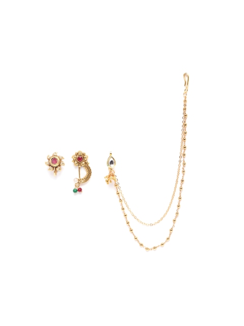 

JEWELS GEHNA Set of 3 Gold-Toned CZ Studded & Beaded Nose Pins