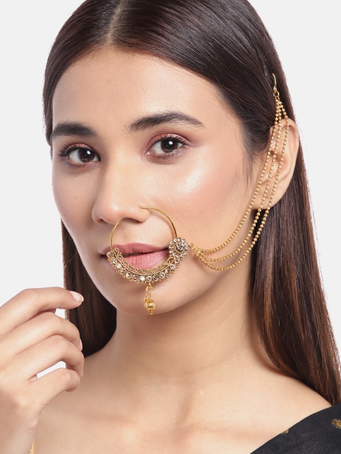 

JEWELS GEHNA Gold-Plated CZ Studded & Beaded Nose Ring with Chain