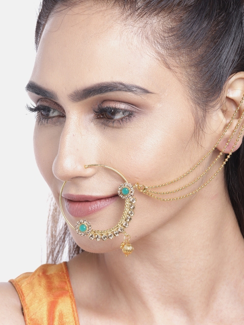 

JEWELS GEHNA Green Gold-Plated CZ-Studded Chained Nose Ring