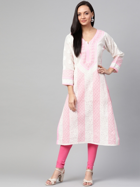 

ADA Women Off-White & Pink Chikankari Hand Embroidered Straight Sustainable Kurta