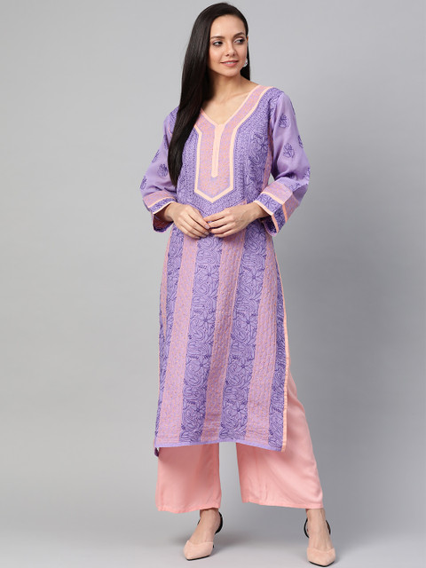 

ADA Women Purple & Peach-Coloured Chikankari Hand Embroidered Straight Sustainable Kurta