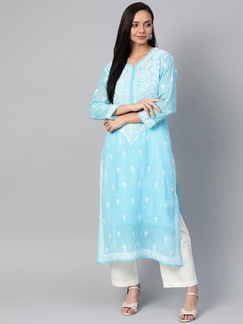 

ADA Women Blue & White Chikankari Hand Embroidered Straight Sustainable Kota Kurta