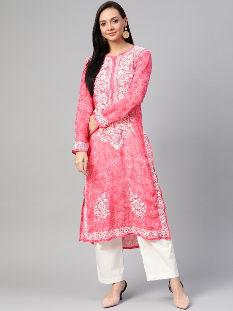 

ADA Women Pink & White Printed Straight Kurta with Chikankari Hand Embroidery