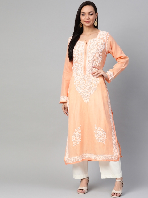

ADA Women Peach-Coloured & White Chikankari Hand Embroidered Straight Sustainable Kurta