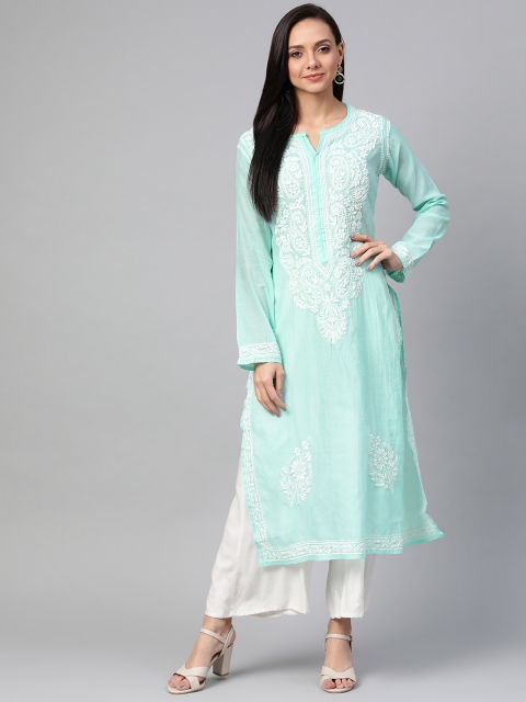 

ADA Women Blue & White Chikankari Hand Embroidered Straight Sustainable Kurta