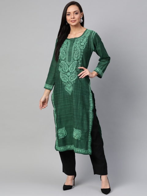 

ADA Women Green Chikankari Hand Embroidered Straight Kurta