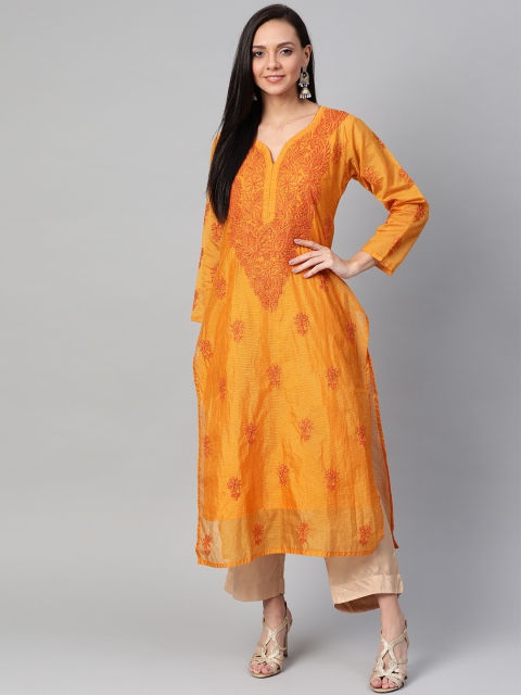 

ADA Women Rust Orange Chikankari Hand Embroidered Straight Sustainable Kurta