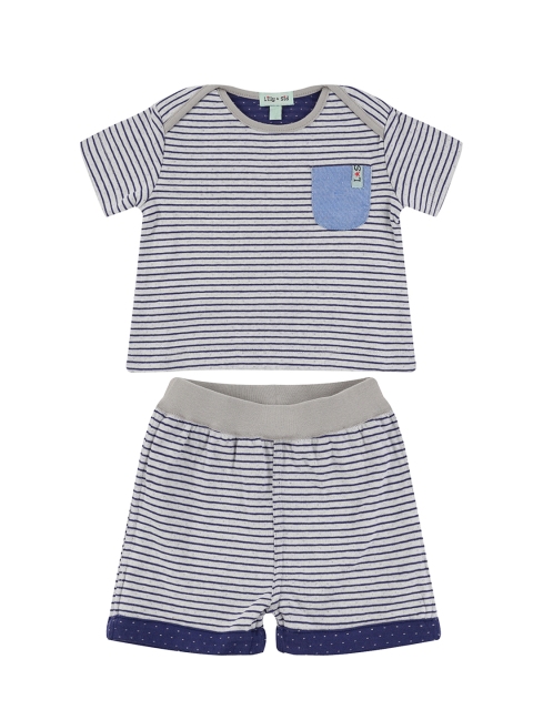 

Lilly and Sid Boys Grey & Navy Blue Striped Organic Cotton Sustainable T-shirt with Shorts