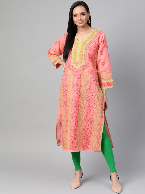 

ADA Women Pink & Green Chikankari Hand Embroidered Straight Sustainable Kurta