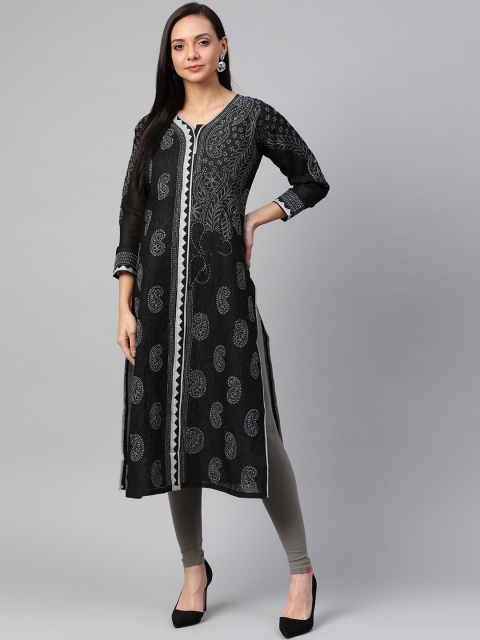 

ADA Women Black & Grey Chikankari Hand Embroidered Straight Kurta