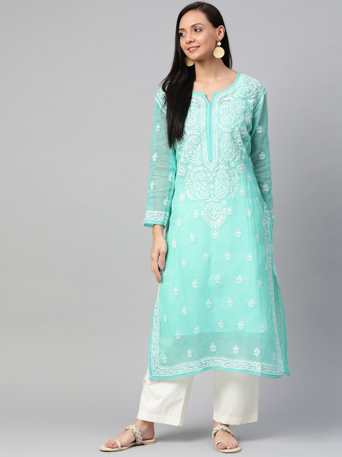 

ADA Women Sea Green & White Chikankari Hand Embroidered Straight Sustainable Kota Kurta