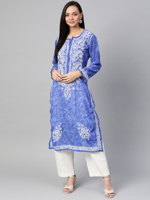 

ADA Women Blue & White Printed Straight Kurta With Chikankari Hand Embroidered